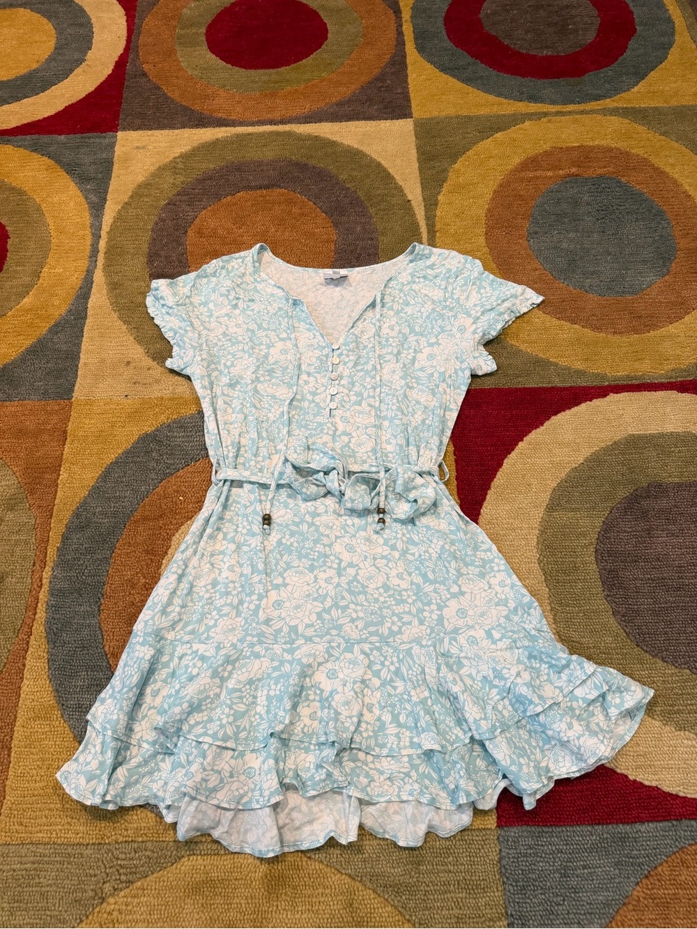 skylar + madison Blue White Floral Print Short Sleeve Ruffle Dress Tie Belt S